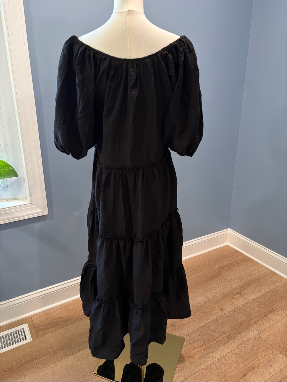 Böhme Black Tiered Puff Sleeve Midi Dress XS Boho - Picture 4 of 10